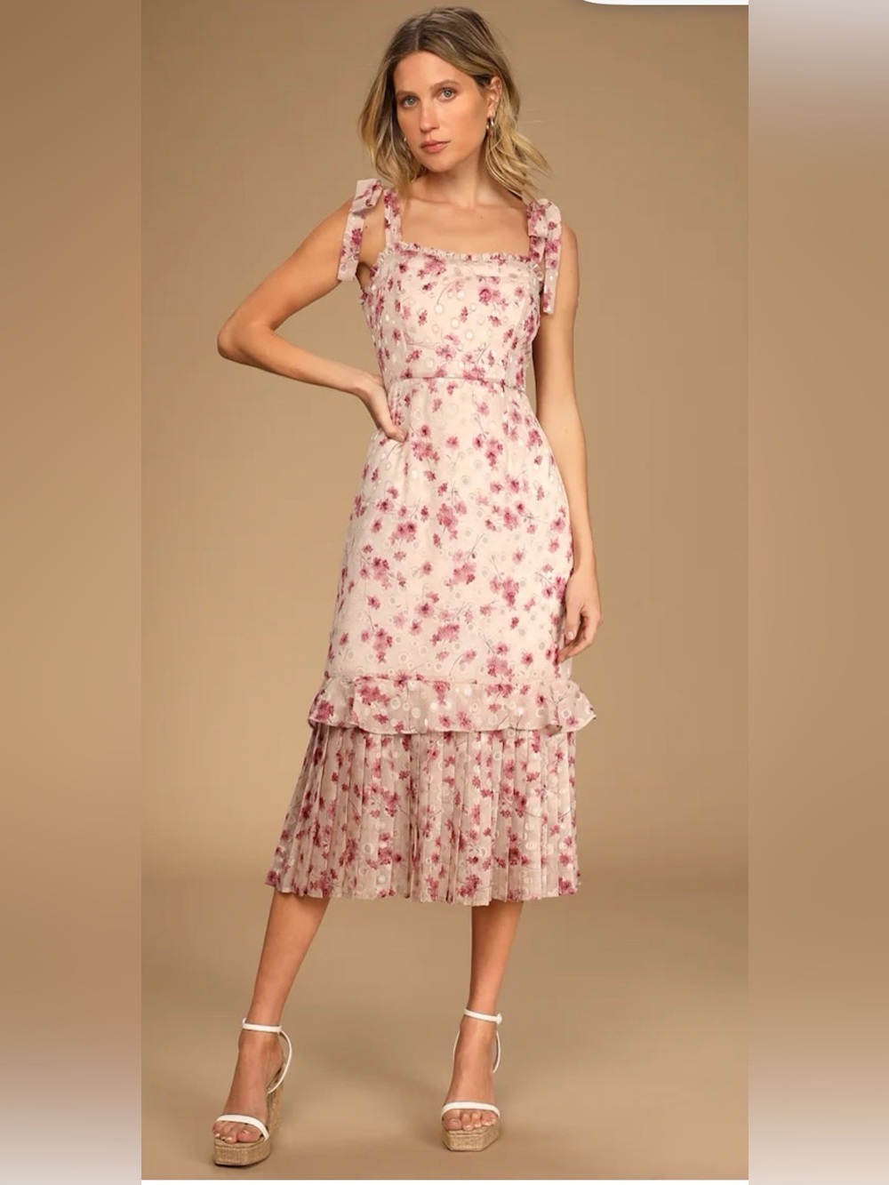 Lulus Terrace Views Taupe Floral Print Tiered Midi Dress